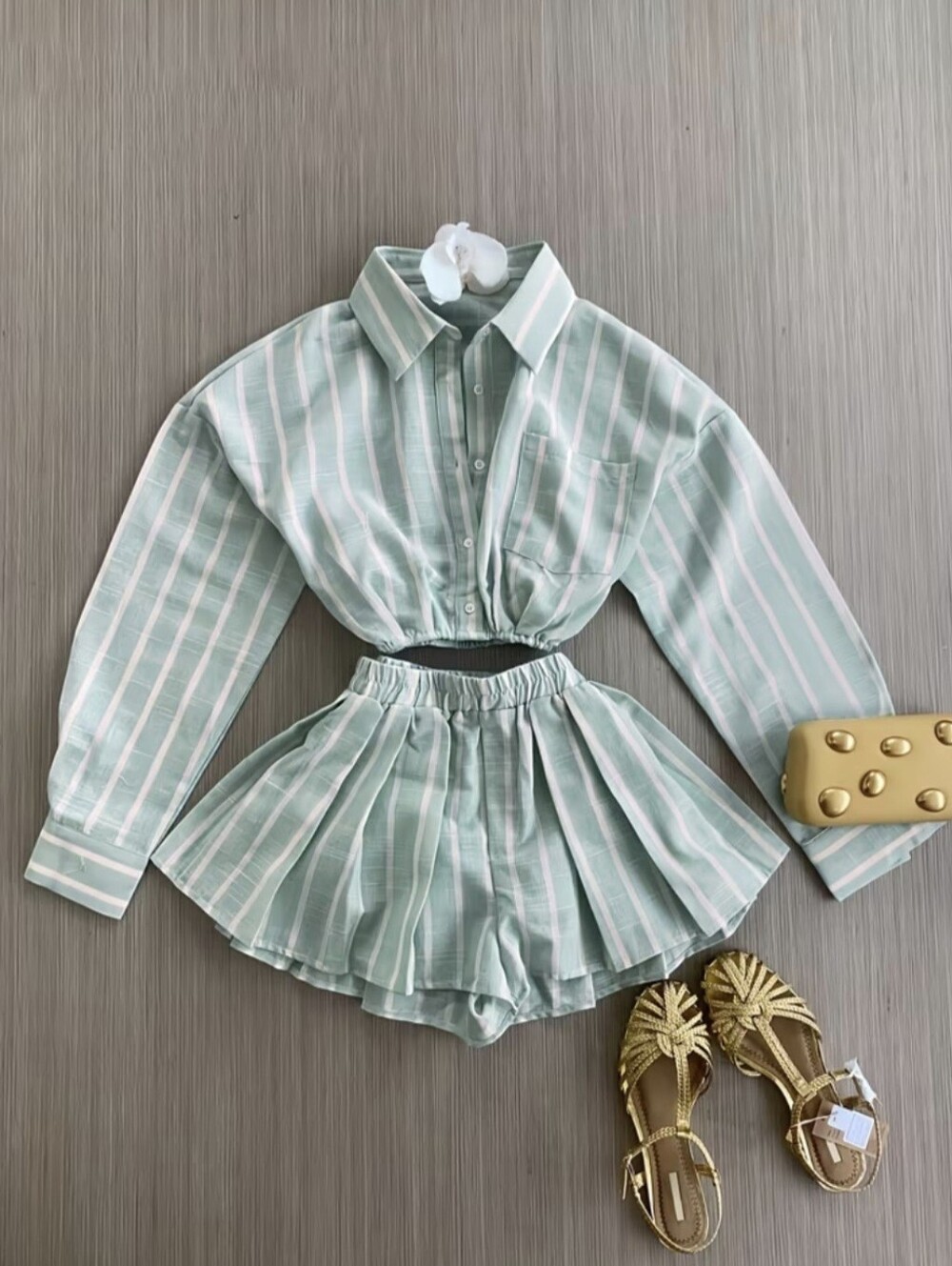Striped Short Long-Sleeve Shirt and High-Waist Pleated Shorts 2pcs Set